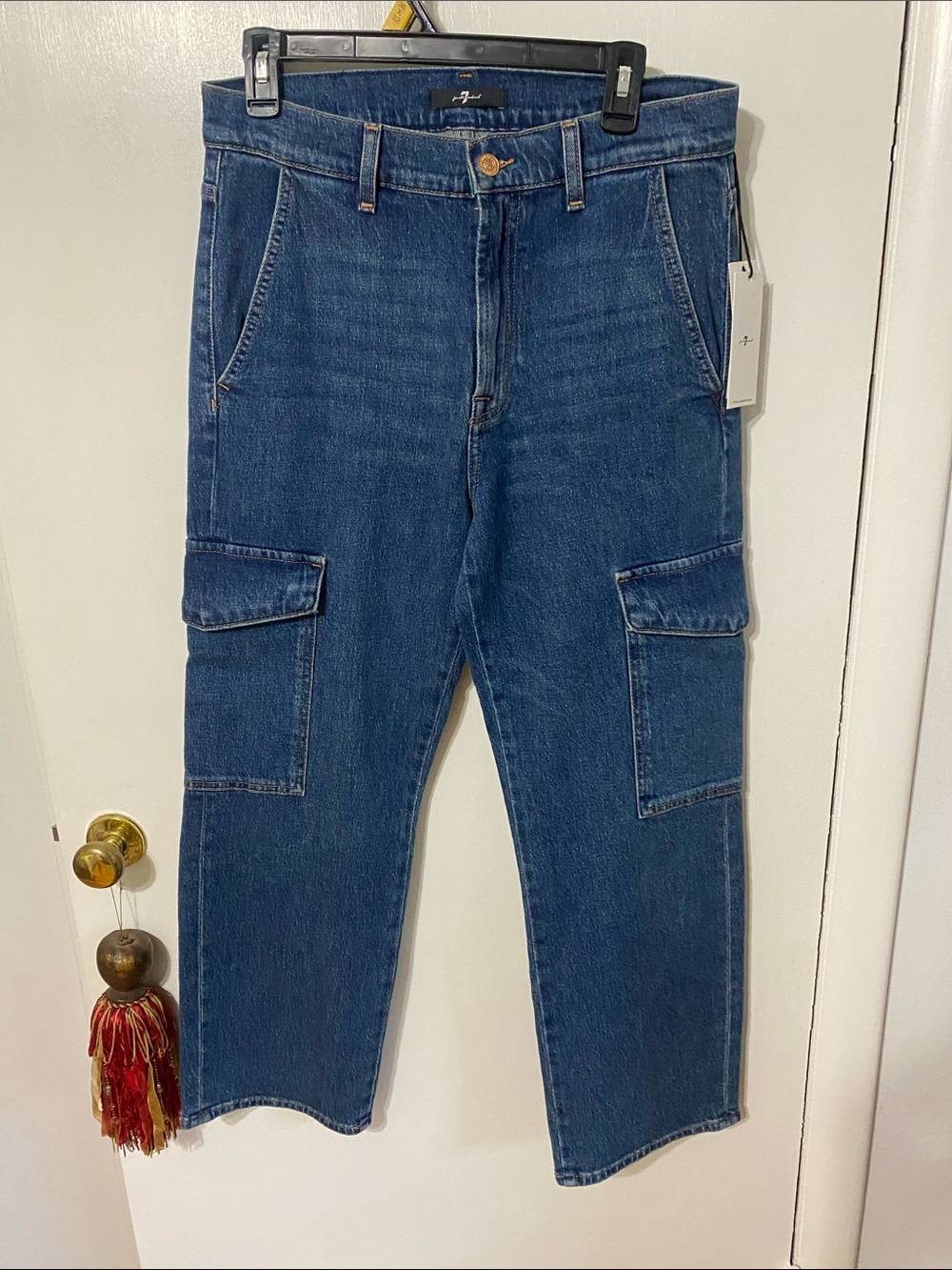 7 For All Mankind Women's Straight Leg Cargo Jeans — Dark Blue